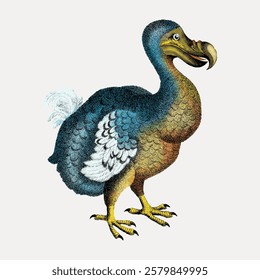 Illustration of a dodo bird, extinct dodo, colorful art. The dodo bird is shown in a detailed, vibrant style. bird illustration, extinct dodo art. Vintage bird illustration vector.