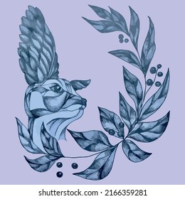 illustration of a doe, deer, black and white graphic with a branch of olive leaves