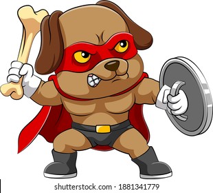 The illustration of the dog with the angry expression holding the bone and the silver shield