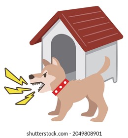 Illustration of a dog barking in front of a kennel