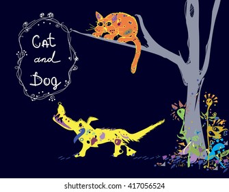 Illustration of a dog barking on a cat, sitting high on a tree , isolated  hand drawn image in primitive manner