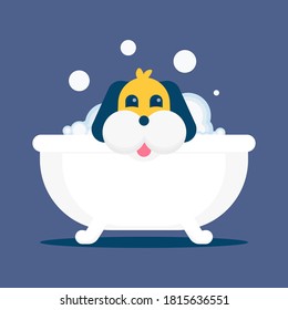illustration of a dog bathing in a bathtub full of soap lather. animal cleaning activities. cute and adorable dog character. flat style. design elements.