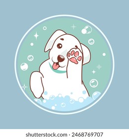 Illustration dog in bathroom, cheerful happy white dog with cute paws. Design for grooming salon or animal care products or website advertising