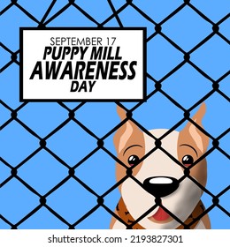 Illustration Of A Dog Behind A Metal Wire Cage With A Small Board Filled With Bold Text To Commemorate Puppy Mill Awareness Day On September 17