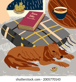 illustration with dog, book and blanket, vector design for paper, fabric and other surfaces