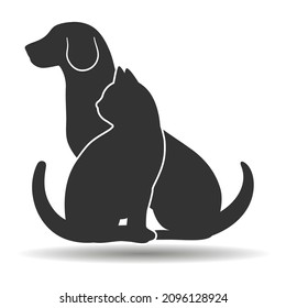 Ilustración de un perro y un gato mirando en una dirección sobre un fondo blanco con una sombra