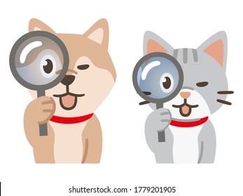 Illustration of a dog and cat looking through a magnifying glass on a white background