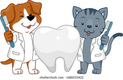 Illustration of a Dog and Cat Mascot Wearing White Gown and Holding Toothbrush with Big Tooth