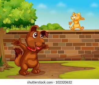 Illustration of a dog and cat playing