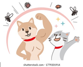 Illustration of a dog and a cat repelling pests on a white background