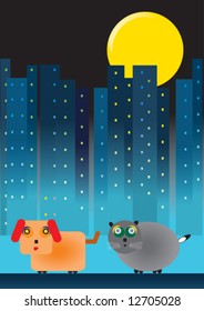 Illustration of dog and cat in urban setting