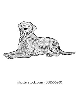 Illustration "Dog" was created in doodling style in black and white colors.  Painted image is isolated on white background.  It  can be used for coloring books for adult.
