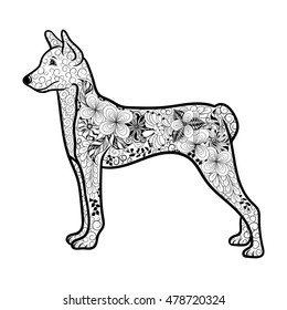 Illustration "Dog" was created in doodling style in black and white colors. Painted image is isolated on white background. It  can be used for coloring books for adult.