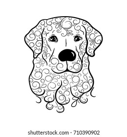 Illustration "Dog" was created in doodling style in black and white colors. Painted image is isolated on white background. It  can be used for coloring books for adult.
