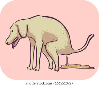 Illustration Of A Dog With Diarrhea Defecating Liquid On The Floor, Symptom Of Infection