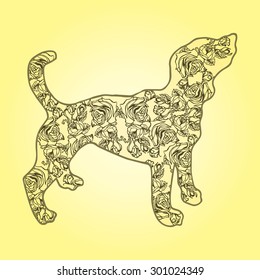 Illustration. Dog with flowers on a yellow background. Sketch.