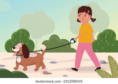 Illustration of a dog and girl walking outside in summer.