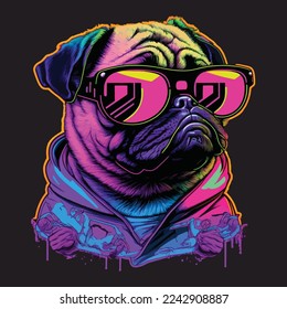 illustration dog graffiti art style in bright neon rainbow colors, with dark background