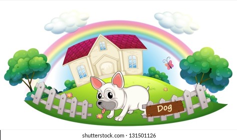 Illustration of a dog guarding a house on a white background