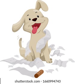 Illustration of a Dog with a Happy Face and Tongue Out Playing with Tissue Paper All Over