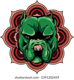 illustration of dog head with decorative ornaments and doodle elements.