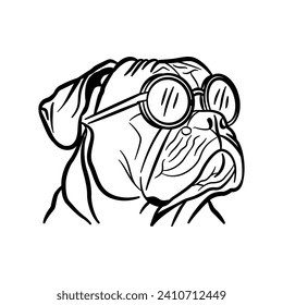 illustration of dog head with sunglasses design template. line style with black and white color. isolated on square layout background.