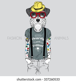 Illustration of dog hipster with tattoo dressed up in t-shirt with quote