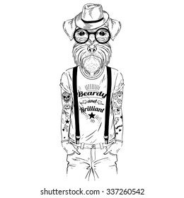 Illustration of dog hipster with tattoo dressed up in t-shirt with quote