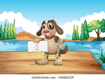 Illustration of a dog holding an empty book standing at the port