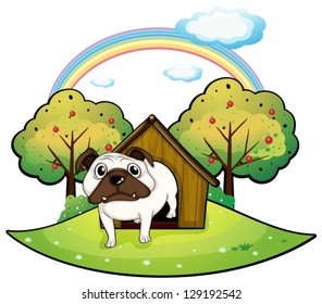 Illustration of a dog inside a doghouse on a white background