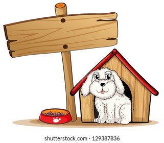 Illustration of a dog inside the dog house with a wooden signboard on a white background