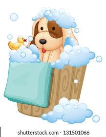 Illustration dog inside pail full bubbles white background