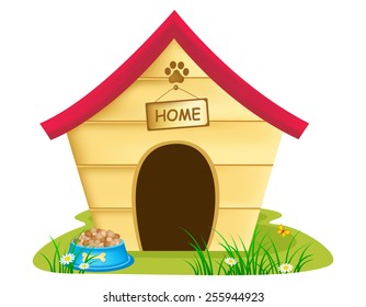 Illustration of dog kennel  with text 'home ' on a notice board, bowl of biscuits and grass and daisies surrounding it, white background.  