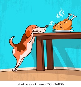 Illustration of dog looking at fried chicken