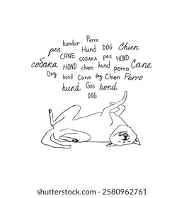 An illustration of a dog lying on its back, surrounded by the word “dog” in multiple languages. A minimalist and playful design, multilingual pet content, unique stationery.
