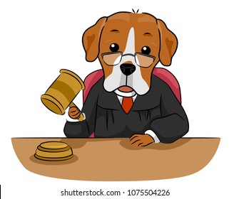Illustration of a Dog Mascot Sitting as a Judge Using a Gavel