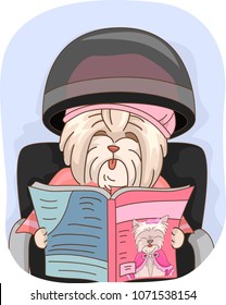 Illustration of a Dog Mascot Sitting Under a Hair Steamer Reading a Magazine