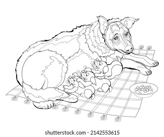 Illustration Of Dog Mom Breastfeeding Her Puppies. Coloring Book For Children And Adults. Image In Zent-angle Style. Domestic Animals. Printable Page For Drawing And Meditation. Black And White Vector