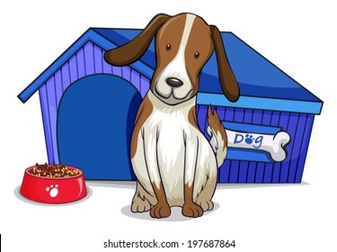 Illustration of a dog outside the blue house on a white background