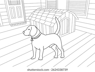 Illustration of a Dog Outside Its Dog House, A black and white line art illustration showing a loyal pet dog standing proudly outside its traditional wooden dog house on a deck or porch.