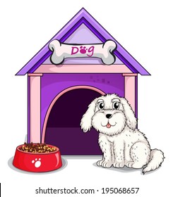 Illustration of a dog outsite the purple house on a white background