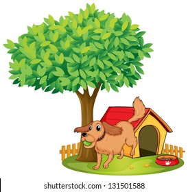 Illustration of a dog playing beside a doghouse under a tree on a white background
