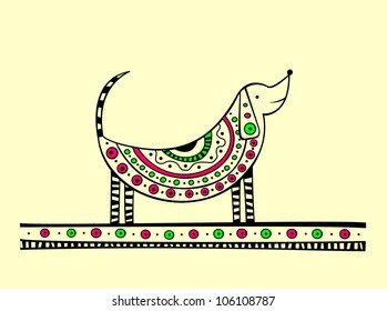 Illustration of dog, produced in ethno style with the unique colour