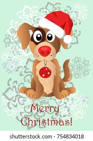 Illustration with a dog puppy in Santa's Christmas hat. Can be used as a banner