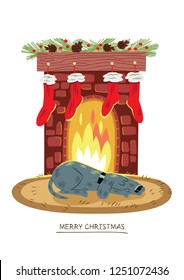 Illustration of a dog quietly sleeping on the carpet of a home, in front of the lit fireplace, in which there are red socks hanging and Christmas ornaments. Includes the phrase: "Merry Christmas"
