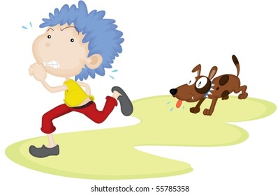 Illustration of A Dog Running Behind a Boy on white background