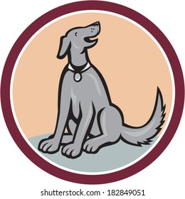 Illustration Of A Dog Sitting Down Looking Up Set Inside Circle Done In Cartoon Style On Isolated Background.