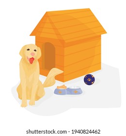 illustration of a dog sitting at his kennel on a white background, next to accessories for pets. doghouse, food bowl, rubber ball. dog shepherd. vector flat. pet shop. happy pet owners