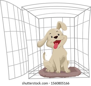 Illustration Of A Dog Sitting Inside A Crate With A Cushion, Crate Training