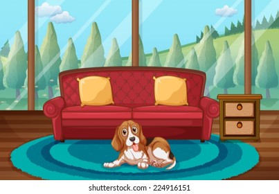 Illustration of a dog sitting in a living room